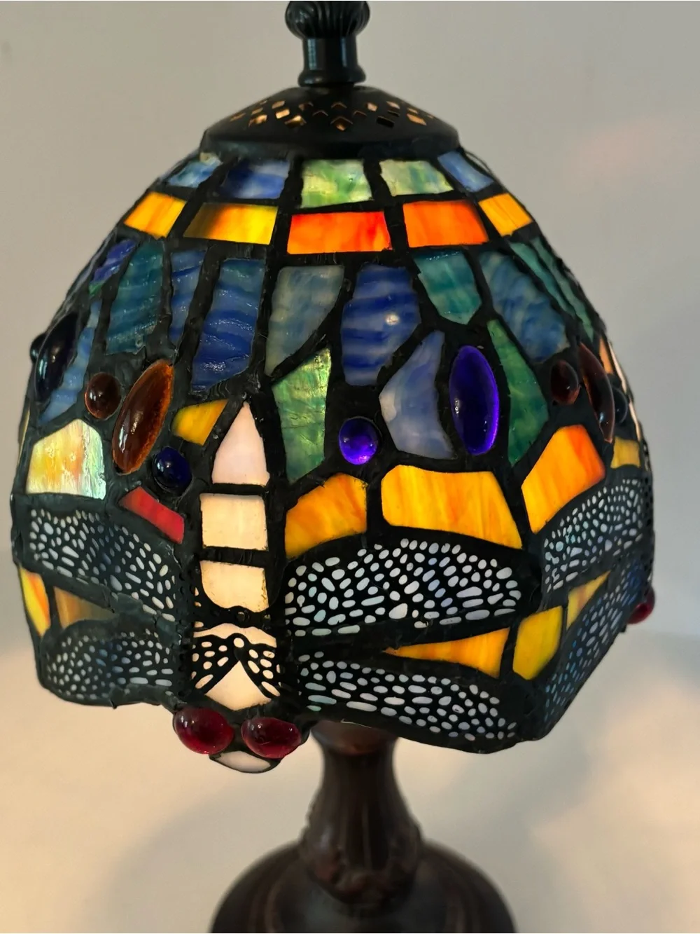 Tiffany Style Stained Glass Lamp Dragonfly Table Boudoir Vintage 12” Cottagecore